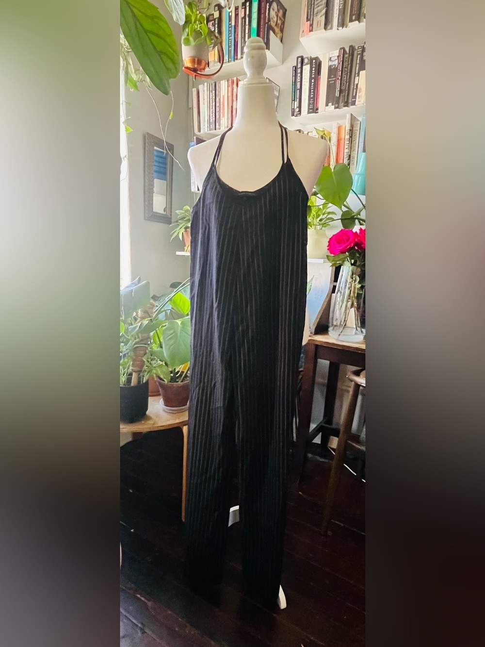 Black Pinstripe jumpsuit - Sleek one piece.